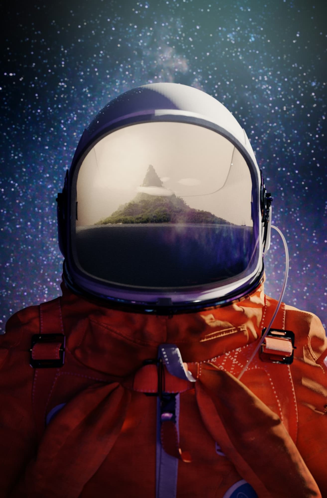 A spacesuit helmet reflecting a distant world against a field of stars